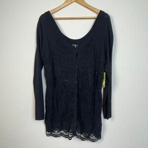 Nic Zoe Black Reversible Lace Trim Cardigan Sweater Women's XL Whimsigoth Grunge